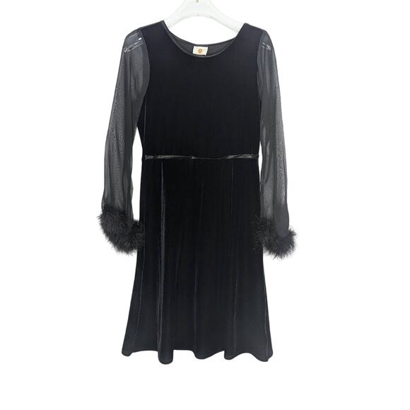 Vintage Melodee Black Sheer Long Sleeve Velvet Mini Dress Marabou Feather Trim - Picture 1 of 8